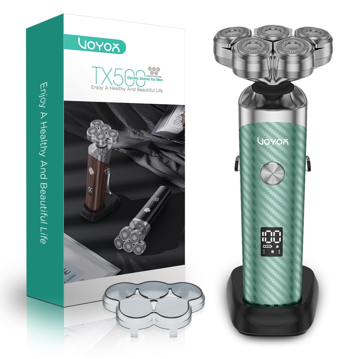 VOYOR Electric Razor for Men - 5D Floating Shavers for Men Magnetic Electric Shaver Rechargeable Face Shaver LED Display Wet Dry Shaving IPX6 Waterproof Mens Rotary Razor TX500 (Green)