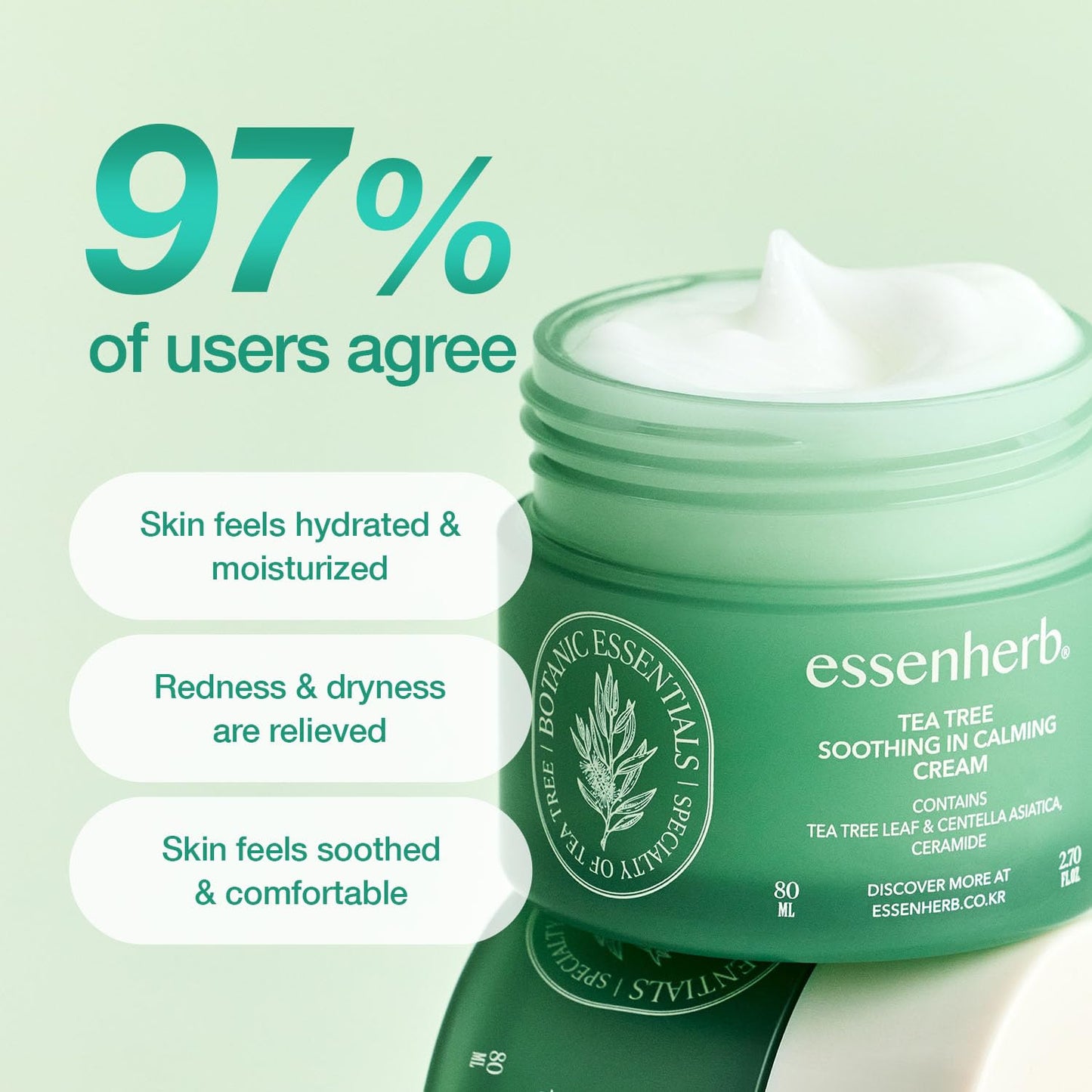 ESSENHERB Tea Tree Soothing In Calming Cream | Tea Tree Moisturizer | Calming Cream for Dry, Sensitive, All Skin Types, Korean Skincare (2.70oz * 2Pack)