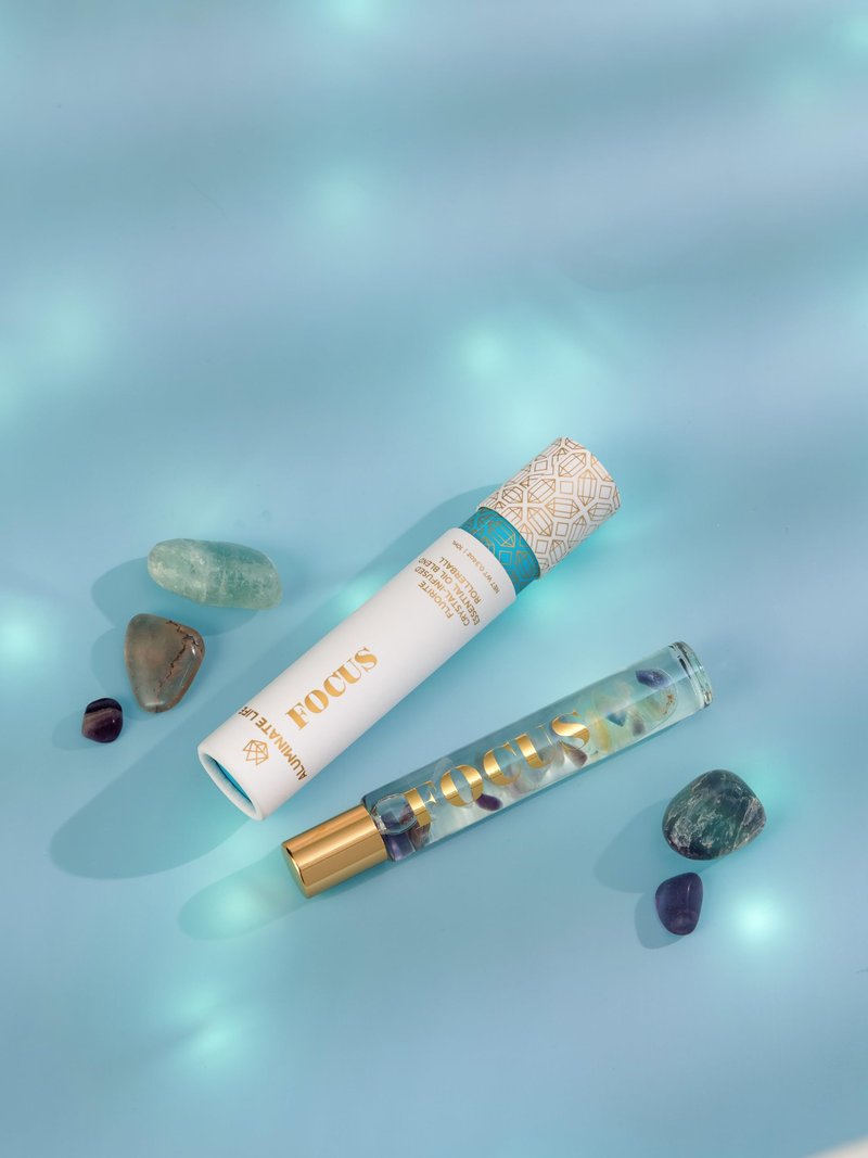 Aluminate Life Essential Oil Rollerballs, .34 OZ, Focus - Fluorite Crystal Infused - Scents of Orange, Ginger, Ylang-ylang, & Lavender - Aromatherapy Roll On Oils, Skin Care, Massage