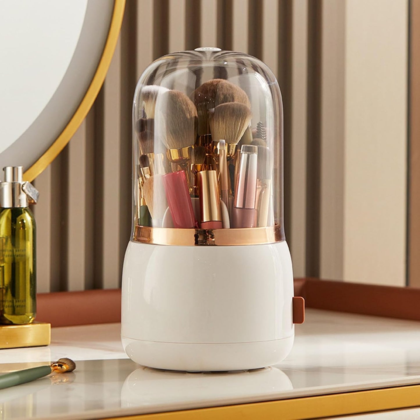 Makeup Brush Holder - 360° Rotating Makeup Organizer with Lid | White Storage Solution for Home