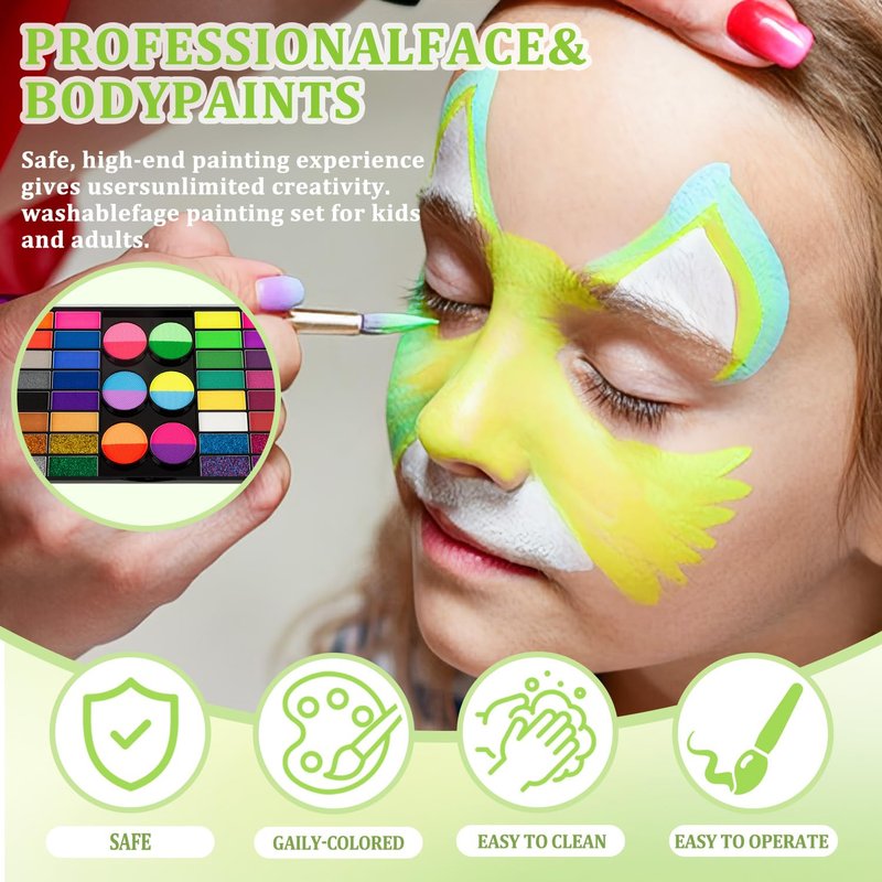 Face Painting Kit – 44 Color Face painting Makeup Kit, Non-toxic Water Activated paint palette with Palette,Stencils, Brushes, Gems, Puff, for Kids Party Cosplay Halloween Christmas Carnival.