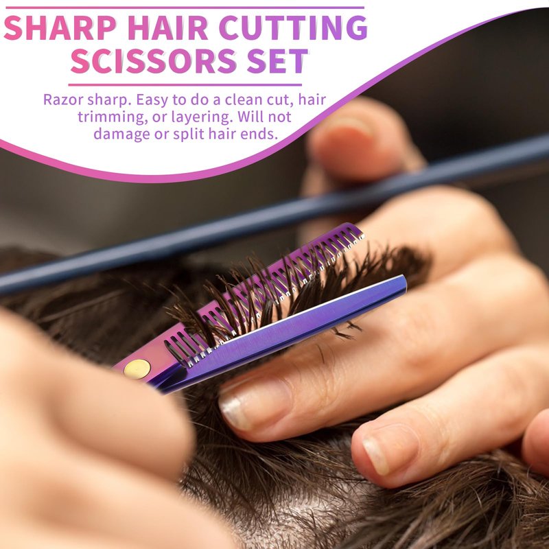 PURPLEBIRD Hair Cutting Scissors Kit, Professional Barber Scissors Hairdressing Shears Set with Stainless Steel Hair Scissor Thinning Scissor for Men Women Pet 10 Pcs Purple