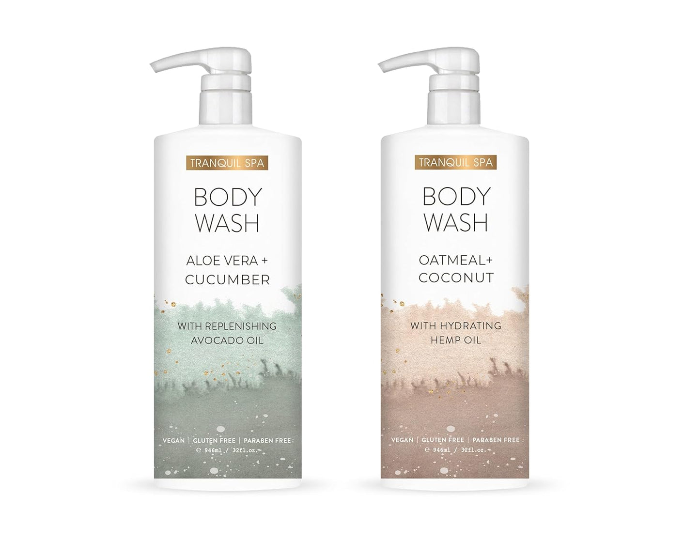 Tranquil Spa Body Wash Duo - Aloe Vera & Cucumber, Oatmeal & Coconut | 32oz Bottles