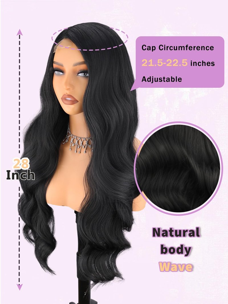 NOSTALGA Black Wigs for Women Long Wavy Curly Wig 28 Inch Side Part Natural Looking Synthetic Heat Resistant Wig for Daily Party Use