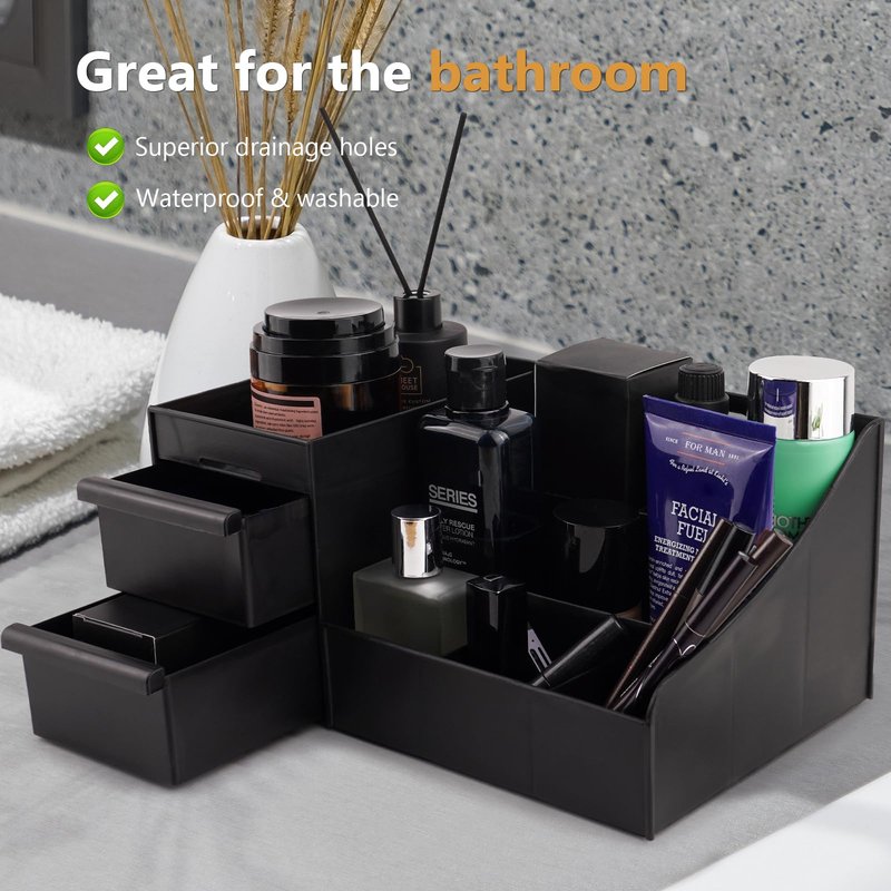 Decorcode Black Vanity Organizer with Drawers – Large Mens Countertop Storage Box for Cologne, Skincare, Makeup, Perfume – Waterproof Dresser Organizer for Bathroom, Bedroom, Desk