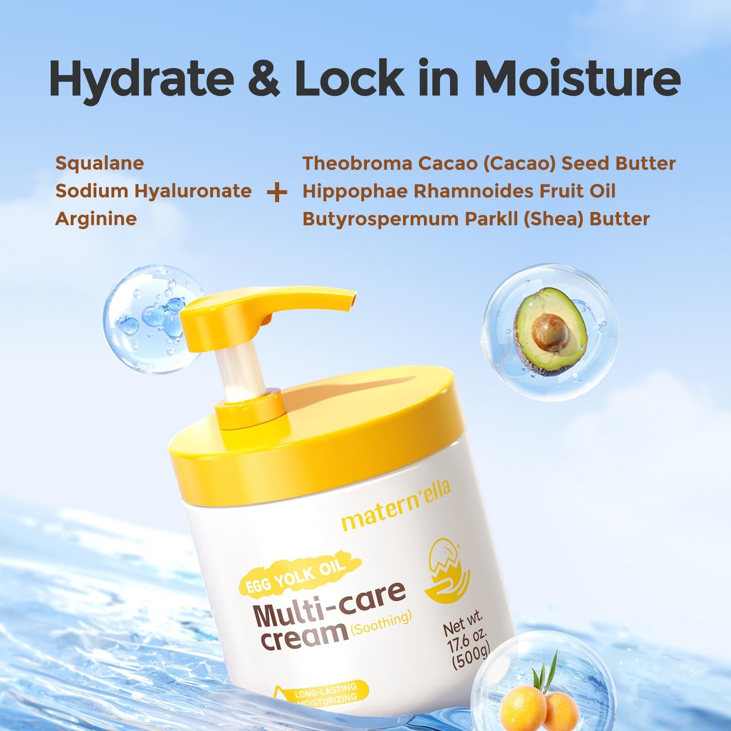 MATERN'ELLA Body Moisturizer with Egg Yolk Oil, Natural Body Lotion Long-Lasting Hydration 48h with Squalane & Sodium Hyaluronate Cream Suitable for Sensitive Skin Fragrance Free 17.6 oz