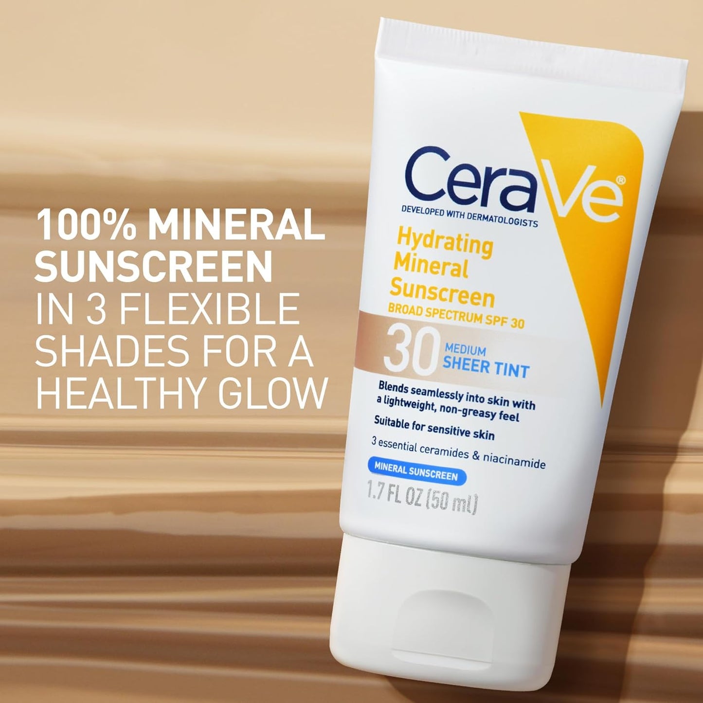 CeraVe Hydrating Mineral Sunscreen SPF 30 - Tinted Zinc Oxide Formula for Healthy Glow | Medium, 1.7 Fl Oz