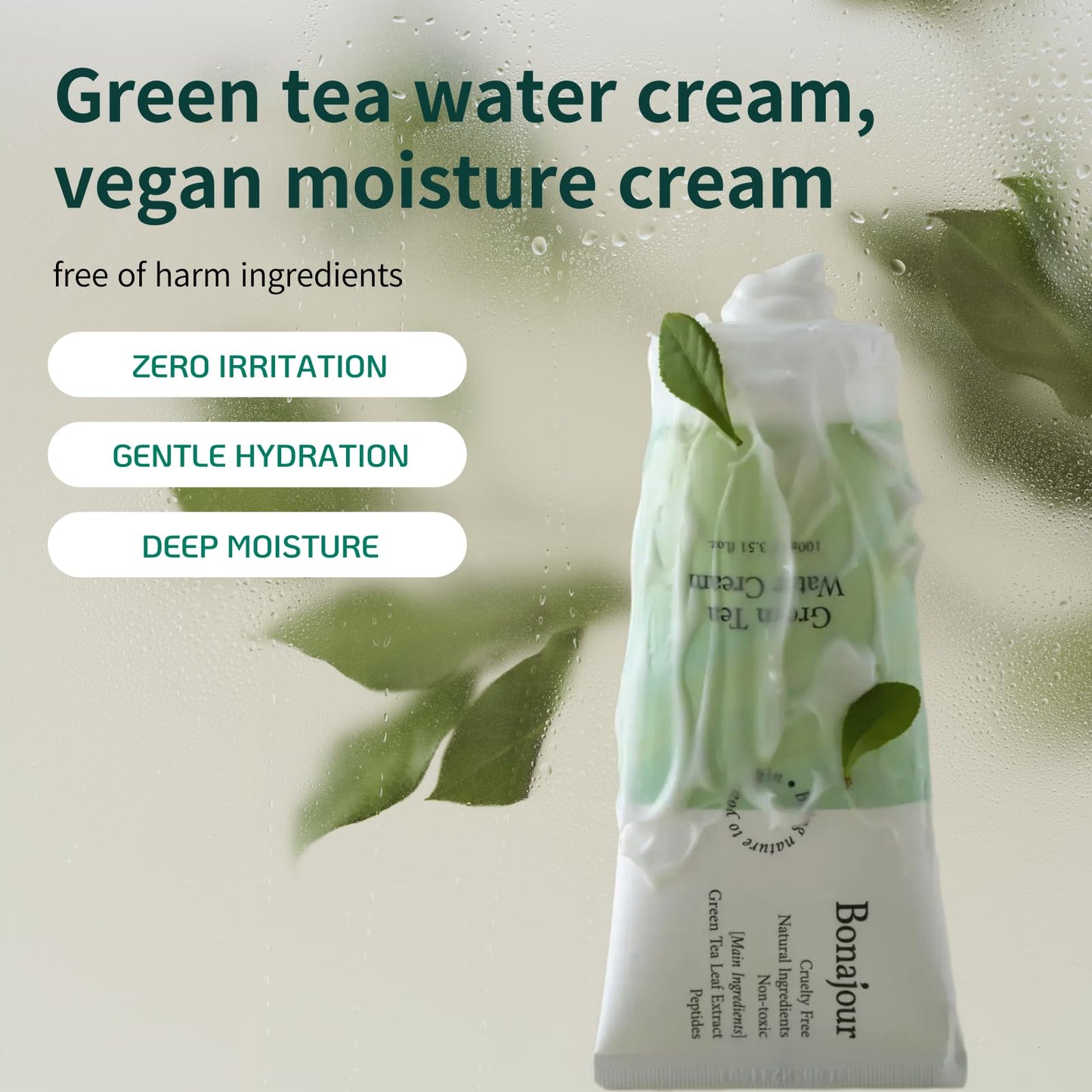 BONAJOUR] Green Tea Water Cream Vegan Moisturizing Facial Gel Cream for sensitive skin - Daily hydrating Water Bomb Moisturizer 3.38 Fl. oz -