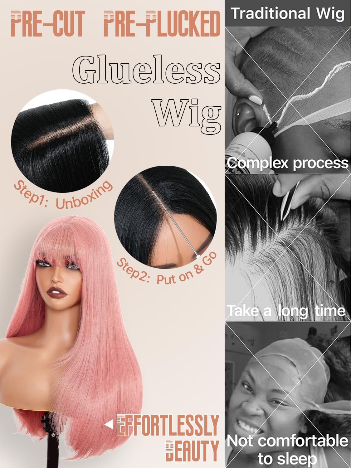 Twobla 26 Inch Pink Wig with Bangs | Long Pink Layered Wig for Women | Realistic Scalp, Freestyle Parting | Heat Resistant, Wear & Go, No Glue Needed | Straight Synthetic Wigs for Cosplay & Daily Use
