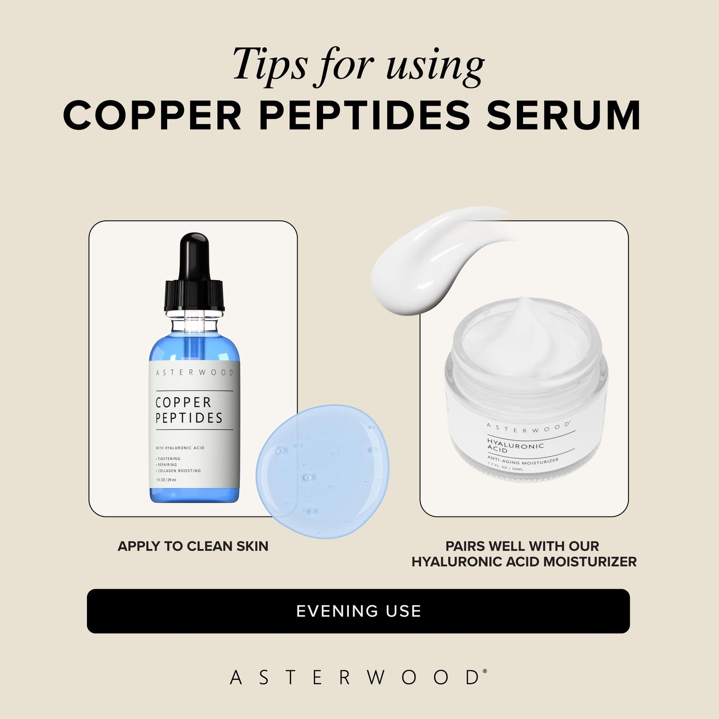 Asterwood Copper Peptides Serum for Face - with GHK-Cu and Hyaluronic Acid - Anti-Aging Facial Serum - 1 Fl Oz