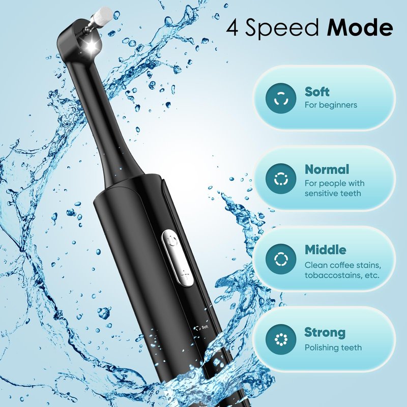 Tooth Polisher, Rechargeable Teeth Polisher with 5 Brush Heads, 4 Speed Modes, Tooth Whitening for Cleaning and Polishing, LED Light, 3 Polish Pastes, IPX6 Waterproof Teeth Cleaning Tools, Black