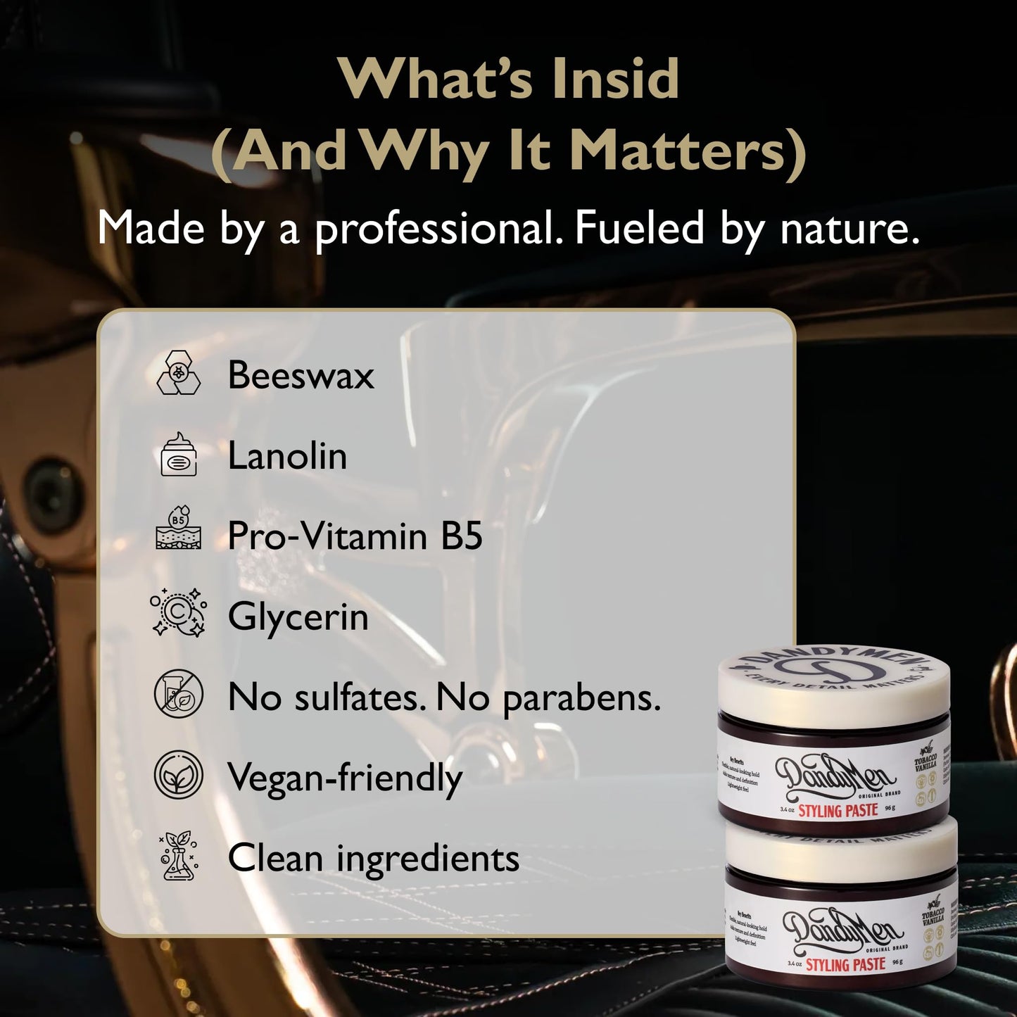 DandyMen Hair Styling Paste for Men | Medium Hold | Flexible Control & Natural Shine | Beeswax with Pro-Vitamin B5 | Tobacco Vanilla Scent | 3.4 oz, 2-Pack