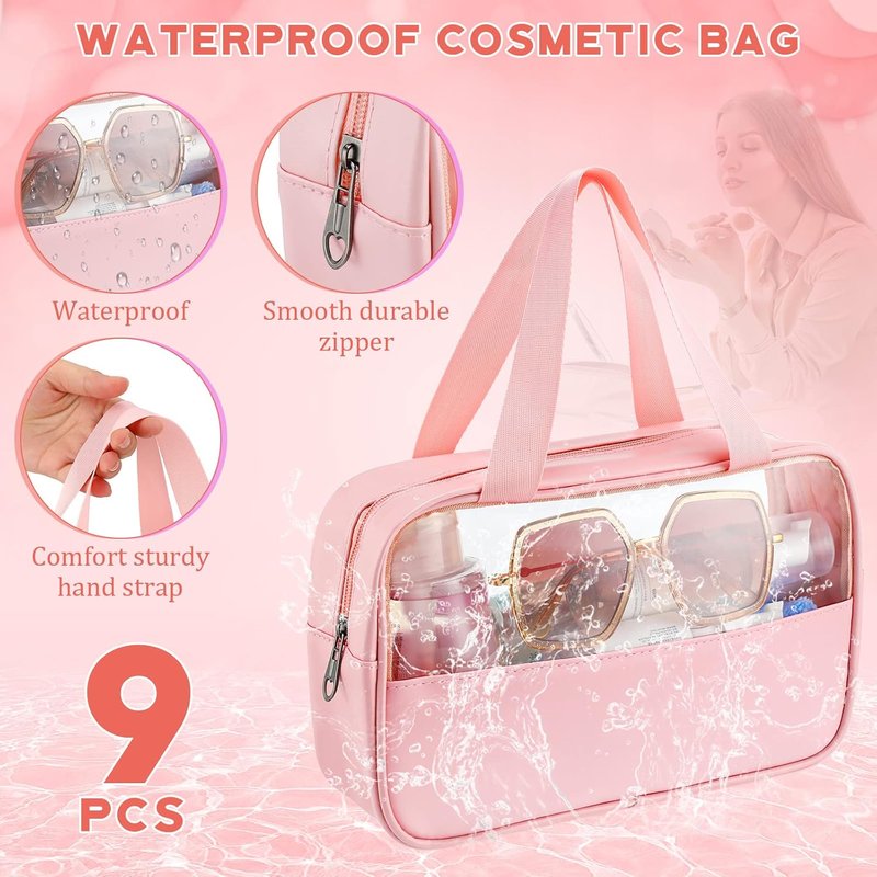 Translucent Makeup Bag Set - 9 Pcs Waterproof Toiletry Organizer for Travel | Portable Cosmetic Pouch - Pink