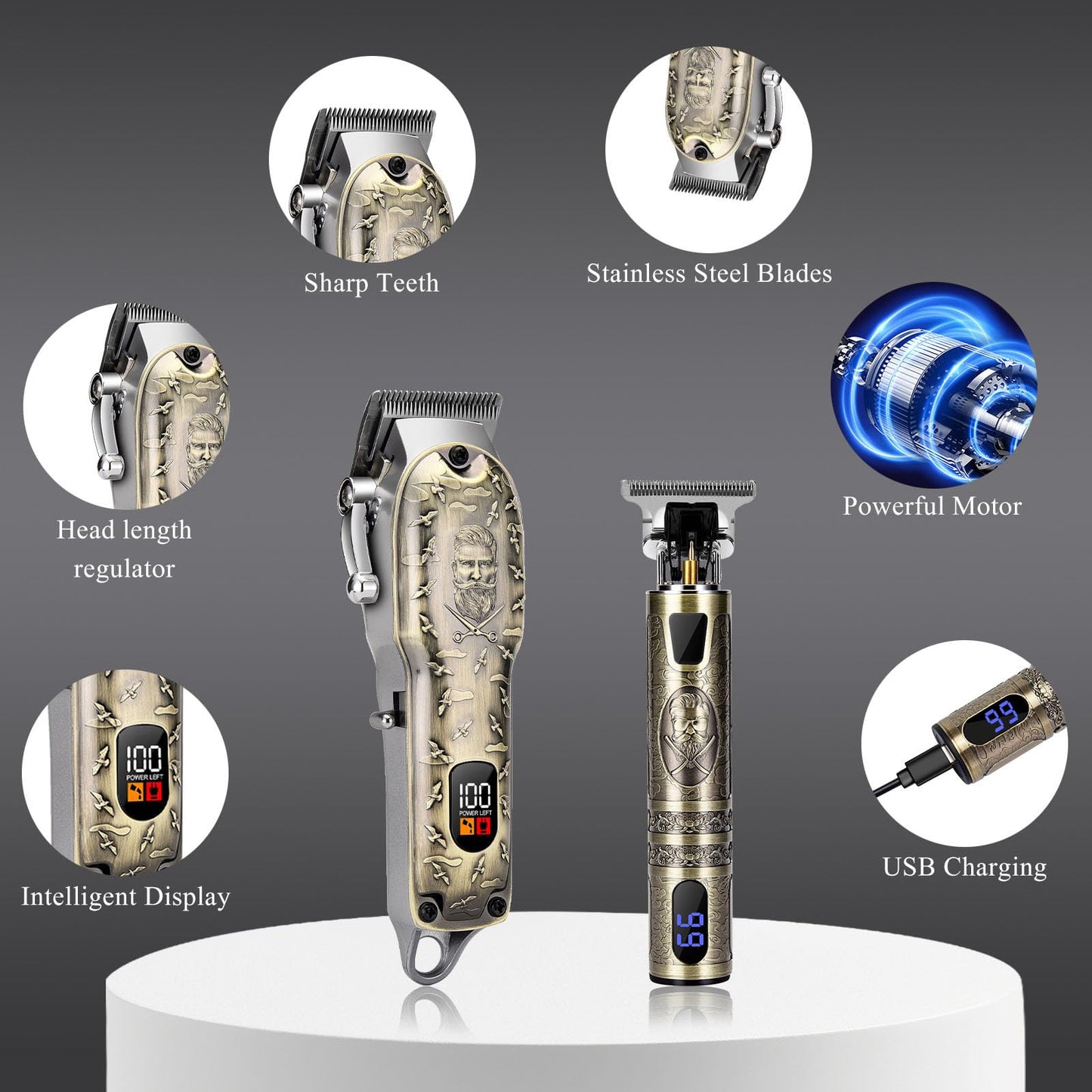 LQT Professional Hair Clipper Set, Digital Display Trimmer Kit with Accessories, Barber Case and Cape, Vintage Design