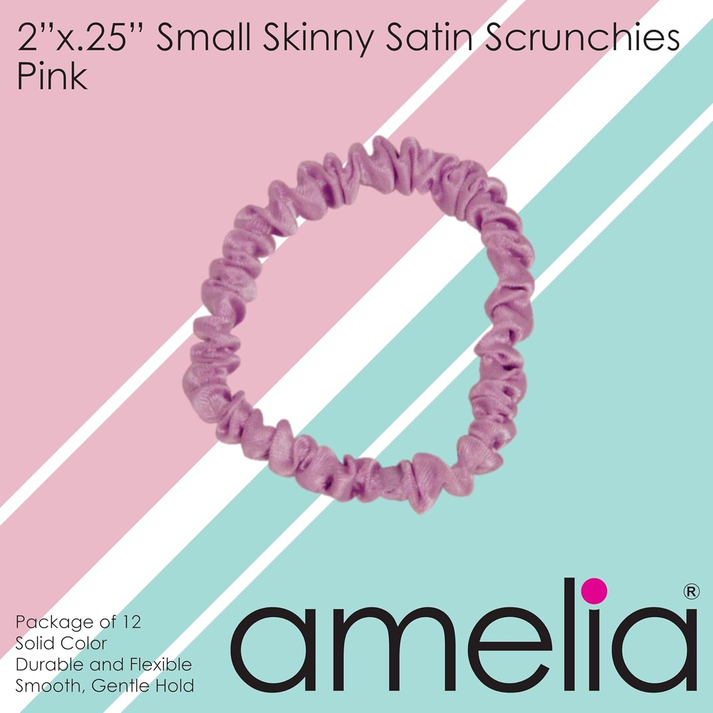 Amelia Beauty, Black, Skinny Satin Scrunchies, 12 Pack – 2in Diameter, Gentle & Strong Hold, No-Snag, No-Dent, Crease-Free Hair Ties