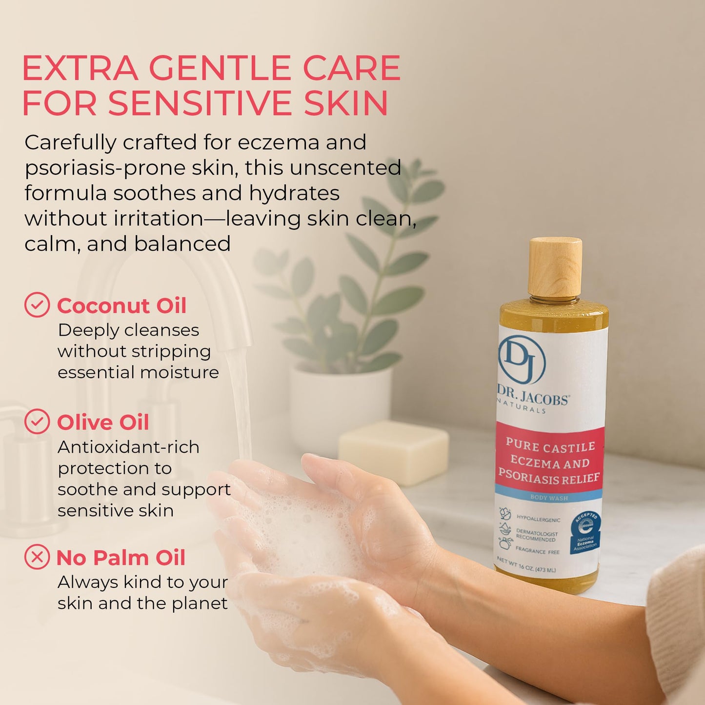 Dr. Jacobs Naturals Hypoallergenic Castile Soap, Dermatologist Tested Unscented Soap for Eczema & Psoriasis Relief - Sensitive Skin Body Wash Vegan & Gluten-Free Formula for All-Day Hydration 16oz-2PK