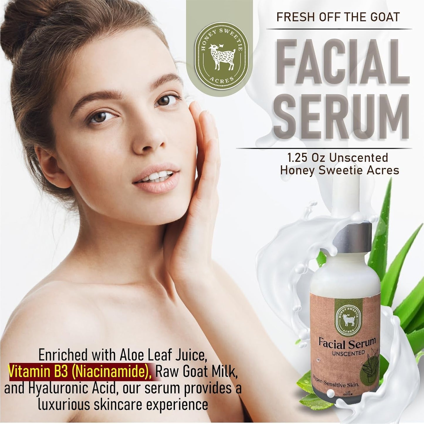 Vitamin B Facial Serum with Aloe & Niacinamide | Hydrating Raw Goat Milk & Hyaluronic Acid - 1.25 oz