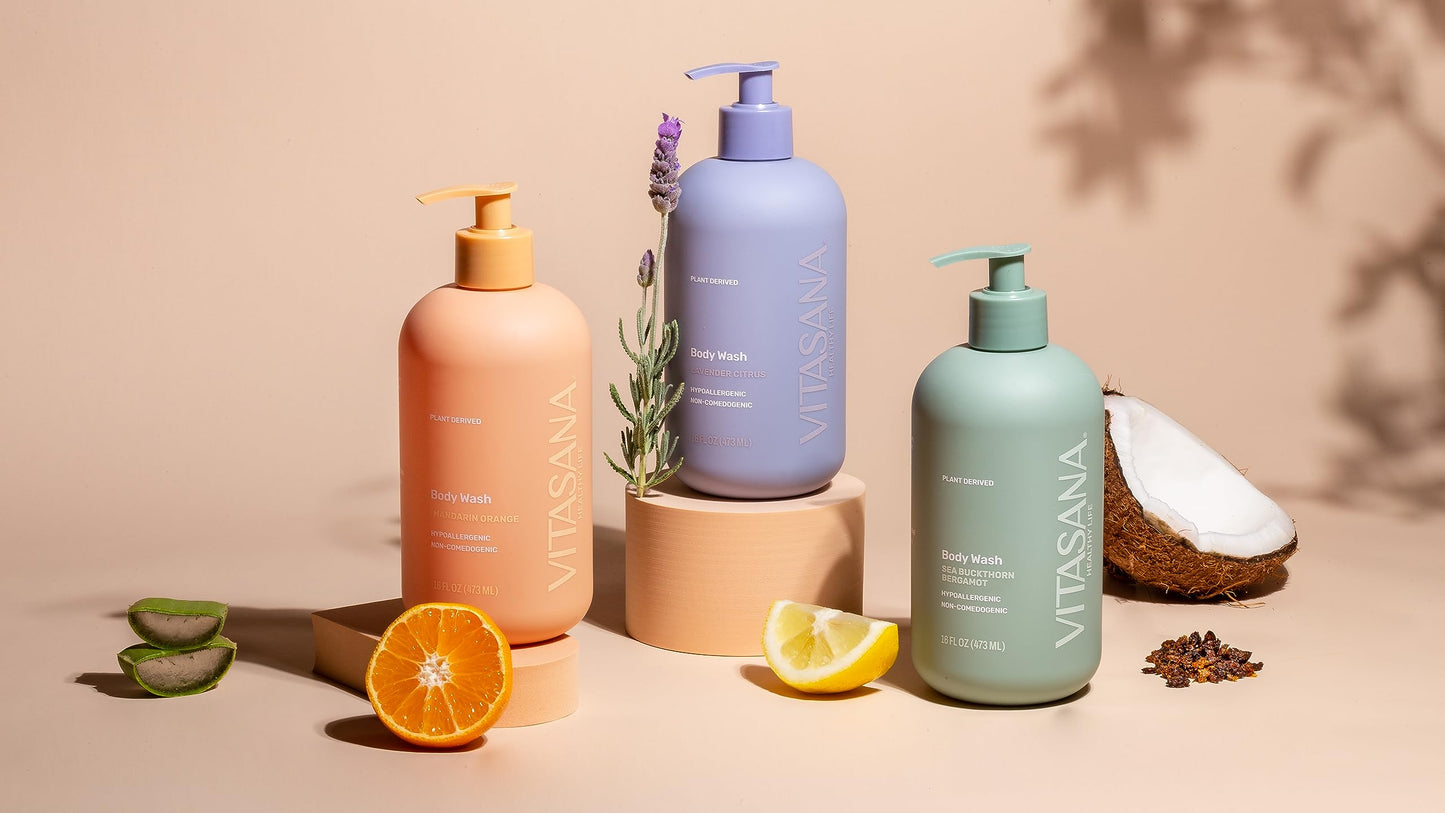 Vitasana Natural Body Wash for Sensitive Skin, 16 oz – Mandarin Orange Scent, 98.9% Plant‑Derived, EWG Verified, Hypoallergenic, Paraben‑Free, Sulfate‑Free, Cruelty‑Free