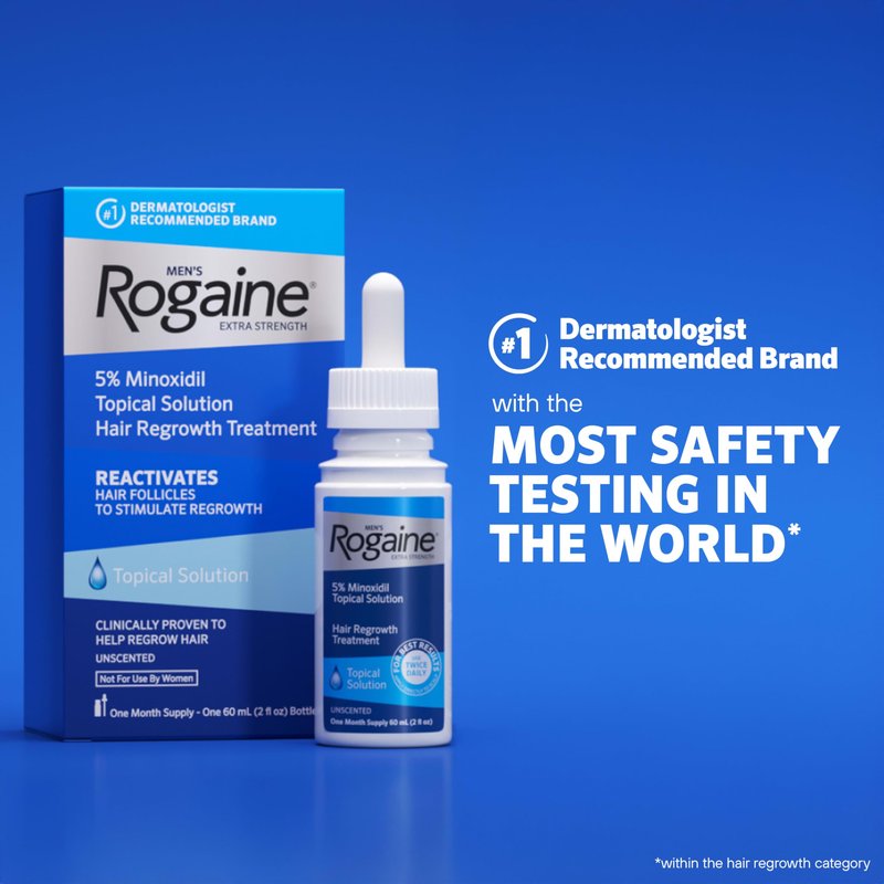 Men's Rogaine Extra Strength 5% Minoxidil Topical Solution for Hair Loss & Regrowth, Topical Treatment for Men, Unscented Minoxidil Follicle Booster Solution, 1-Month Supply, 2 fl. oz