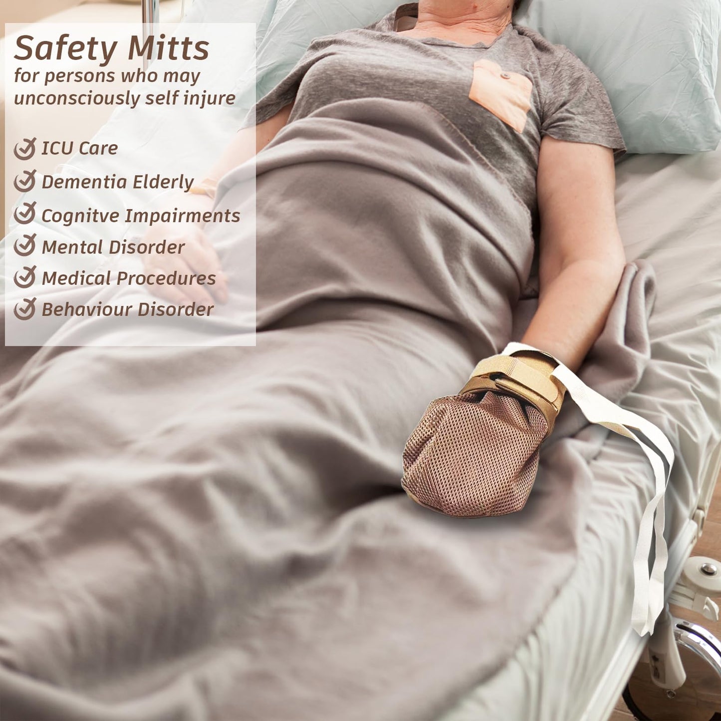 Medical Restraint Mittens - 2Pcs, Protective Gloves for Dementia Patients or Elderly, Bed Restraint Gloves, Dementia Products for Elderly. Hand Restraint Mitts for Elderly Anti Scratch Gloves