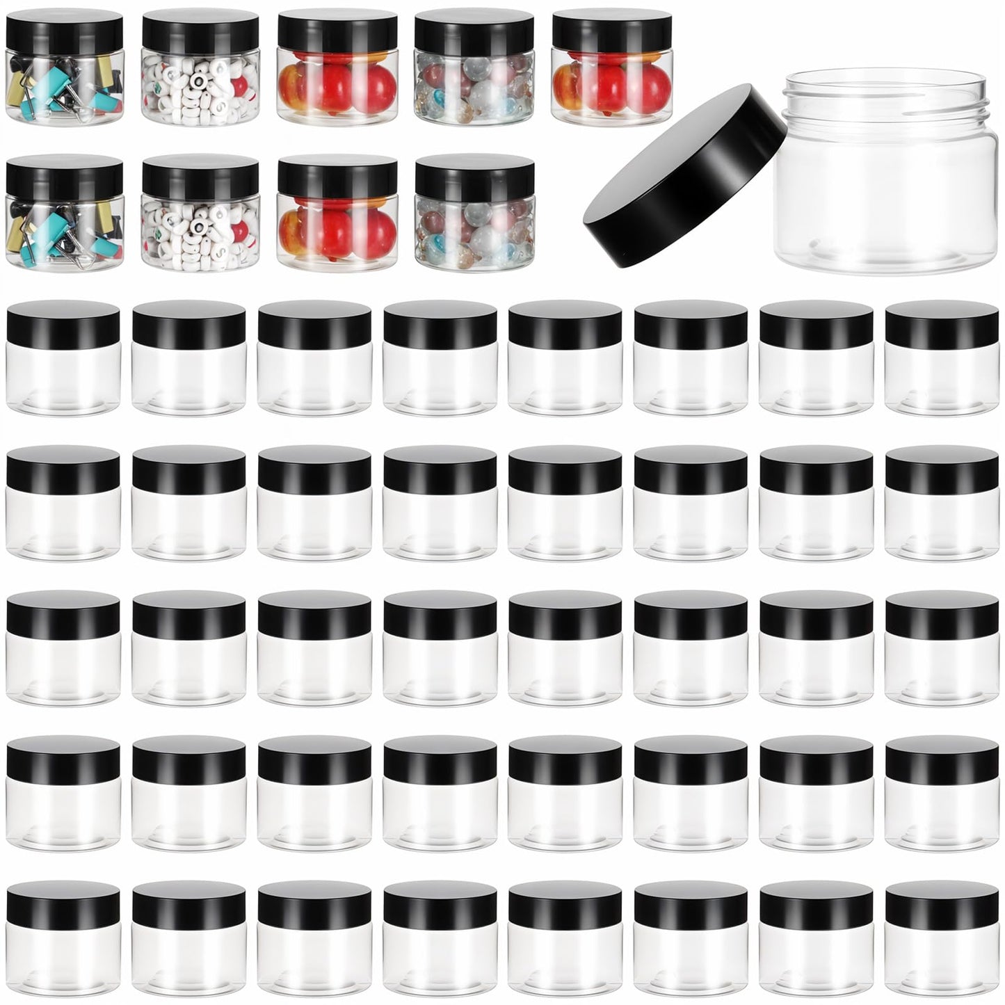 50 Pack 2 Oz Small Plastic Container Jars with Lids and Labels BPA Free, Empty Round Clear Cosmetic Containers Plastic Slime Jars for Lotion, Cream, Ointments, Samples, Travel Storage, Kitchen Use