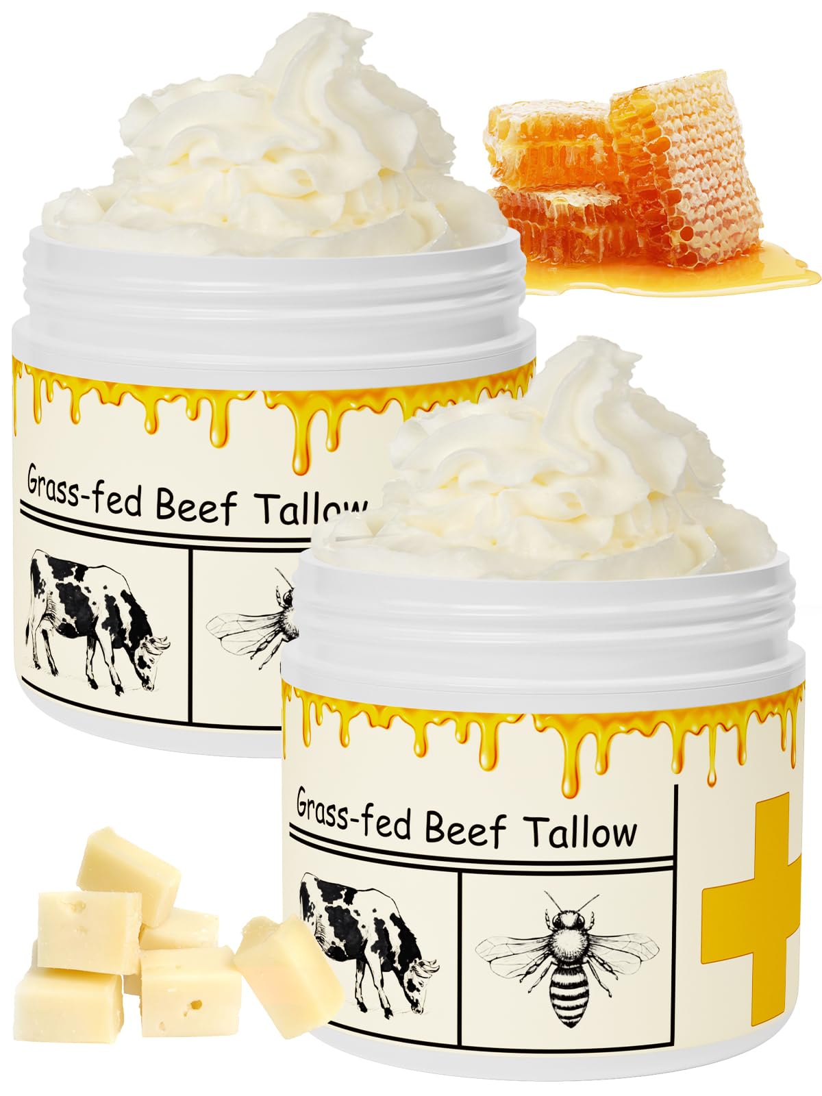 mkzea Beef Tallow for Skin, Beef Tallow, Tallow and Honey Cream, Grass Fed Beef Tallow, Whipped Beef Tallow for Face Moisturizer for All Purpose with Raw Honey Tallow Balm, 2 packs