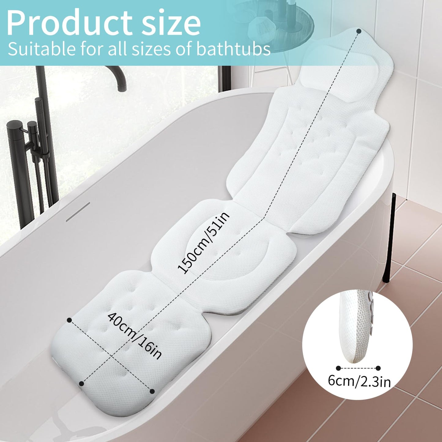 Full Body Bath Pillow for the Bathtub, Thick Bathtub Cushion with a Laundry Bag, Luxury Bathtub Pillow that Provides Support for the Head, Neck and Back, Measuring 51" x 17"
