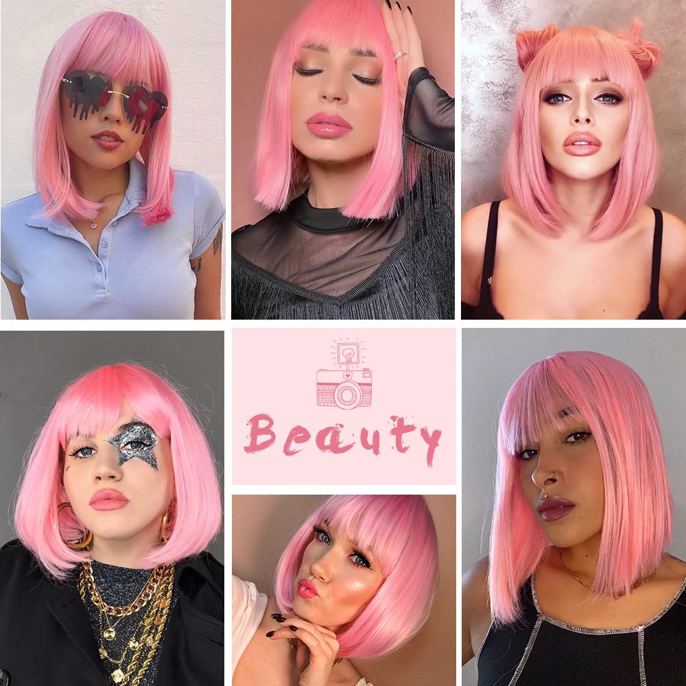 AISI BEAUTY Pink Bob Wigs with Bangs 12 Inch Short Straight Bob Wigs Colorful Synthetic Cosplay Daily Party Wig for Women