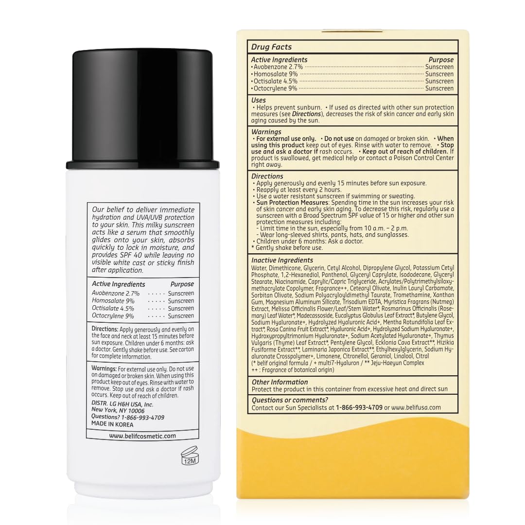 Belif Milky Niacinamide Sunscreen SPF 40 - Lightweight Invisible Sun Serum with 7 Types of Hyaluronic Acid | Hydrating Makeup Primer (1.69 fl. oz)