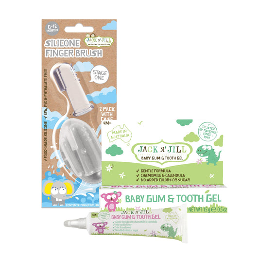 Jack N' Jill Stage 1 Silicone Finger Toothbrush, Baby Gum and Tooth Gel Bundle - Baby Toothbrush 6 to 12 Months, Natural Gum and Teething Relief Gel - Two Brushes Plus Case, 0.5 Fl Oz