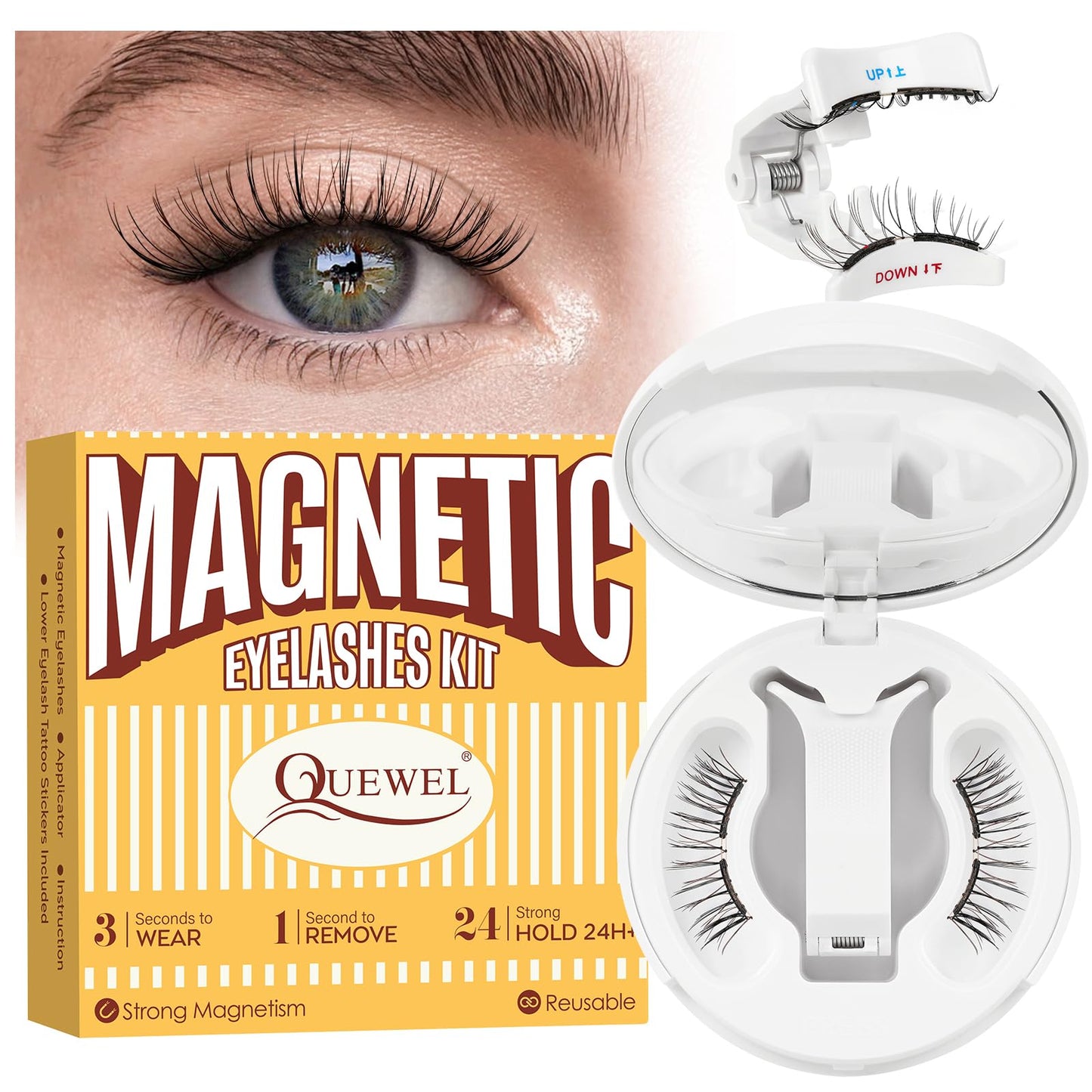 QUEWEL Magnetic-Eyelashes with Applicator, Upgrade 1 Pair Soft Magnetic Lashes, No Glue Needed Reusable Magnetic Eyelashes So Soft and Suitable for Beginners (Soft-Magnetic-C)