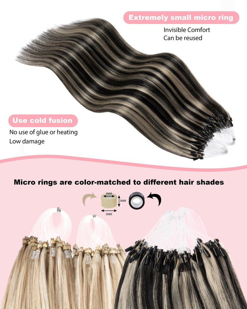 Microlink Hair Extensions - 14-Inch Real Human Hair | Natural Black & Bleach Blonde Mix, 50g/Pack