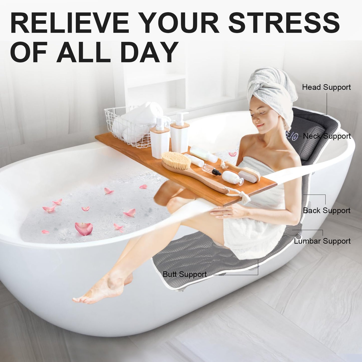 Full Body Bath Pillow Bathtub Pillows-Removable Lumbar Cushion with 17 Non-Slip Suction Cups 4D Air Mesh Fit Any Tub Luxury Bathroom Accessories-Grey