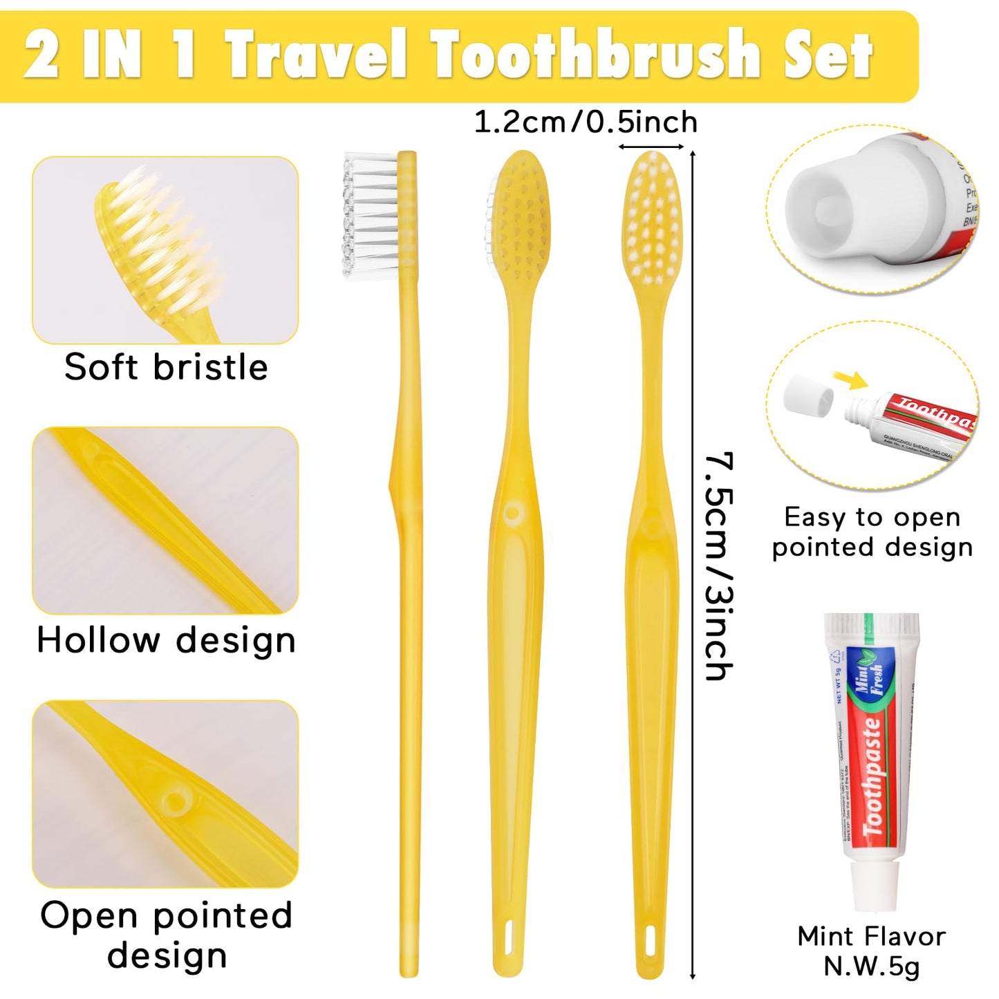 HOFASON Disposable Toothbrushes with Toothpaste Pack of 200, Bulk Travel Toothpaste and Toothbrush Set Yellow Hollow Toothbrush 5g Tooth Paste Individually Wrapped for Homeless Shelter Charity Hotel