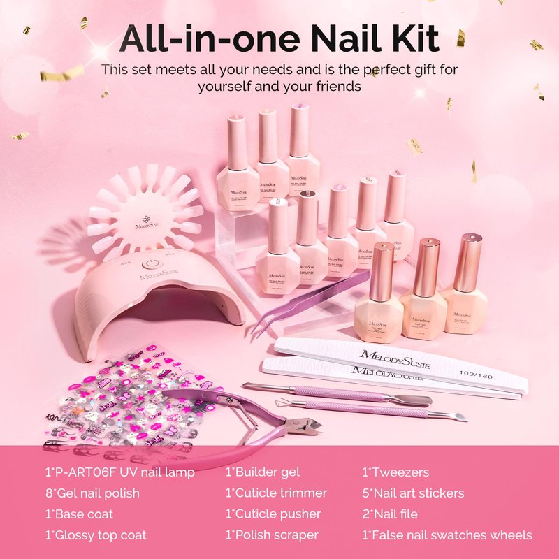 MelodySusie Gel Nail Polish Kit with UV Light P-ART06F- Popular Color Gel with Builder and Baser &Glossy Top Coat Soak Off Includes Nail Art Tools Nail Art Gift for Women & Girls