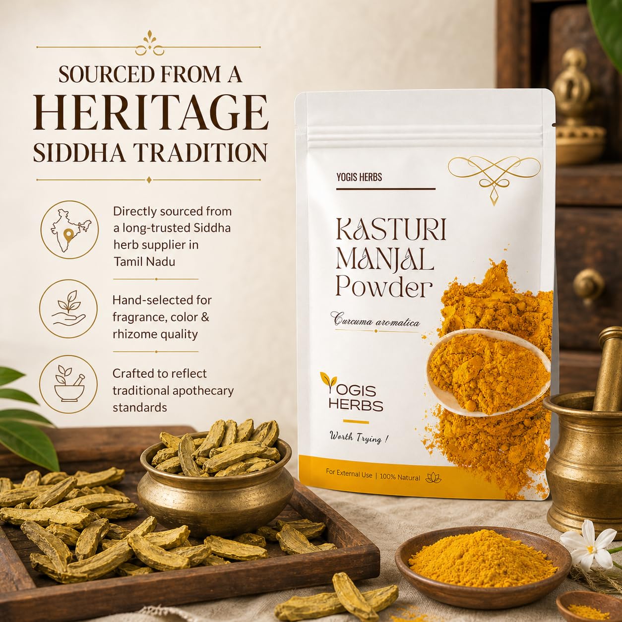 YOGIS HERBS Premium Kasturi Manjal Powder — Authentic Wild Turmeric (Curcuma aromatica / Amba Haldi / Jangli Haldi) — Naturally Aromatic, Single-Source Siddha-Tradition Heritage Herb for Glowing Skin, Face Pack & Ubtan — 100% Pure (250 g / 8.8 oz)