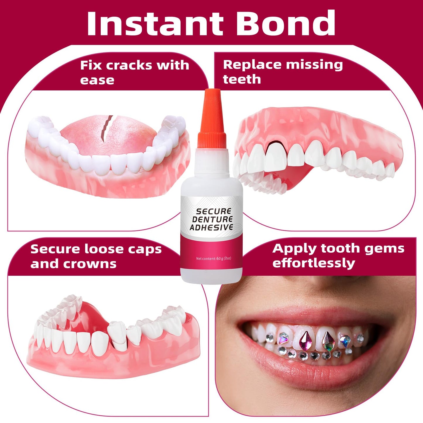 Dental Lab Instant Bonding Dental Glue (1oz), Repair Cracks & Secure Loose Teeth, Experience a Secure Bond That Lasts from Days to Weeks