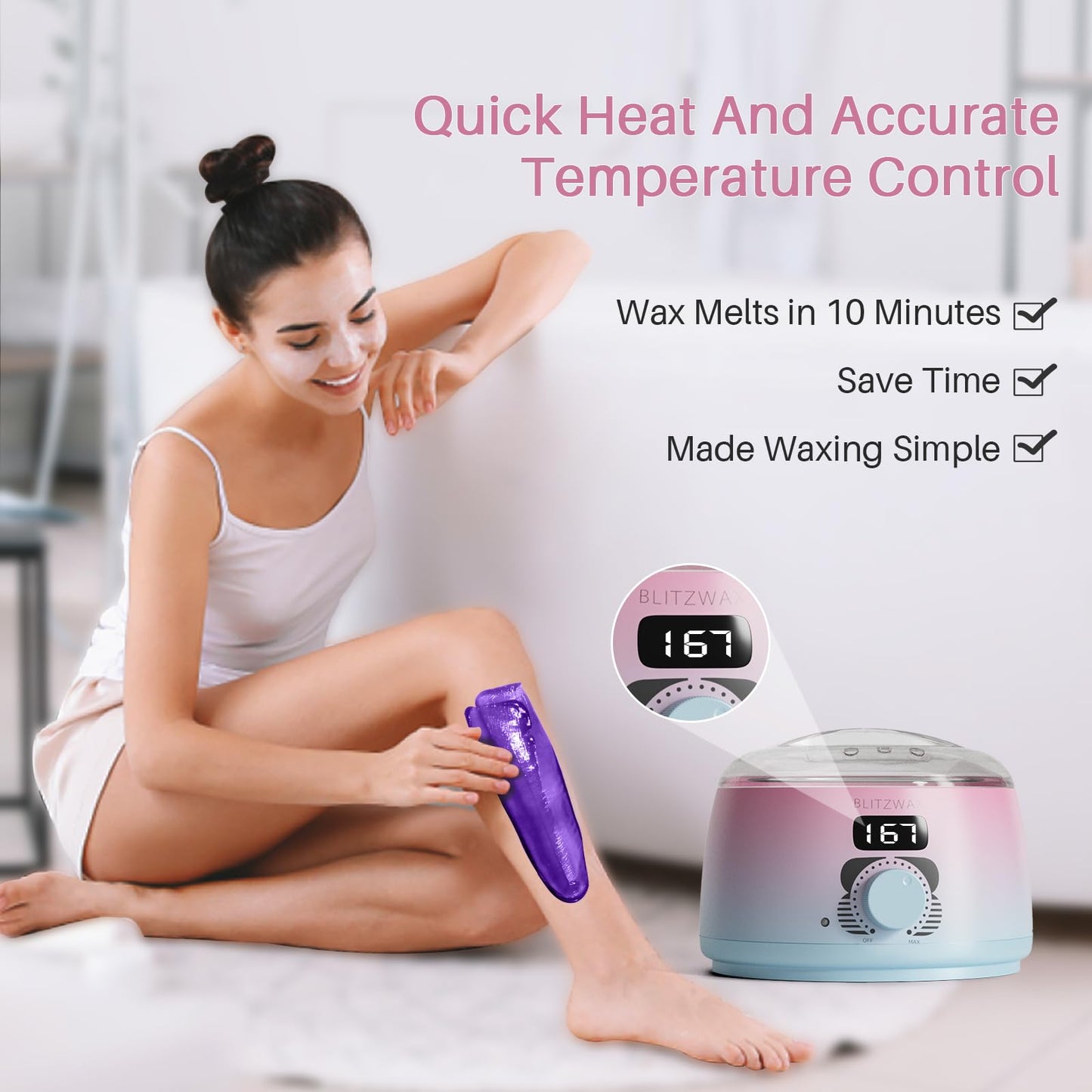 BLITZWAX Brazilian and Bikini Waxing Kit for Women, Hard Wax Warmer for Face, Legs and Body, At Home Hair Removal Kit, Beginner Friendly, Quick Heating, Pink and Blue Gradient Color