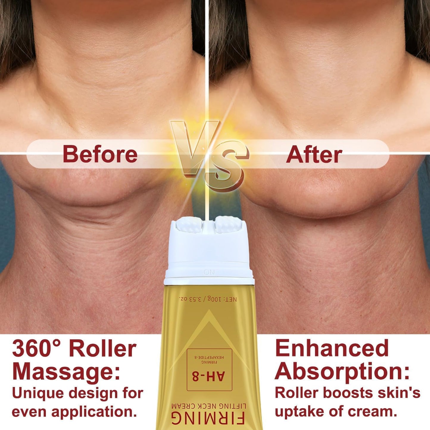 Mtmult AH-8 Firming Neck Cream - Anti-Aging Neck Tightening Cream with Roller Applicator - Reduces Sagging Skin & Fine Lines - Hydrating for Dry Winter Skin - For Women & Men (2PC)