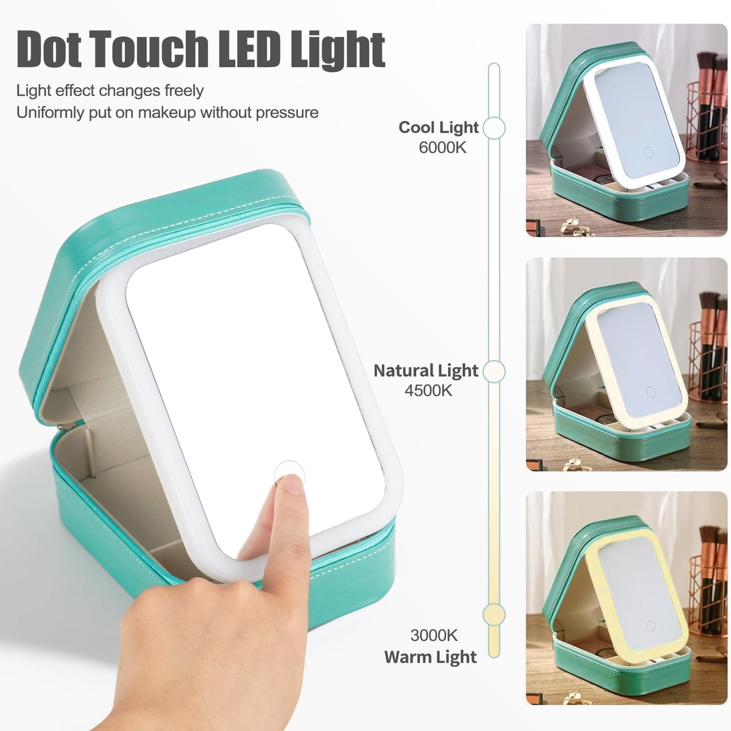 Dannir Travel Makeup Case with LED Mirror, Makeup Bag with Lighted Mirror, Cosmetic Storage Box, Christmas Portable Organizer Vanity Case for Women, Beauty Tool Accessories Rechargeable, Green