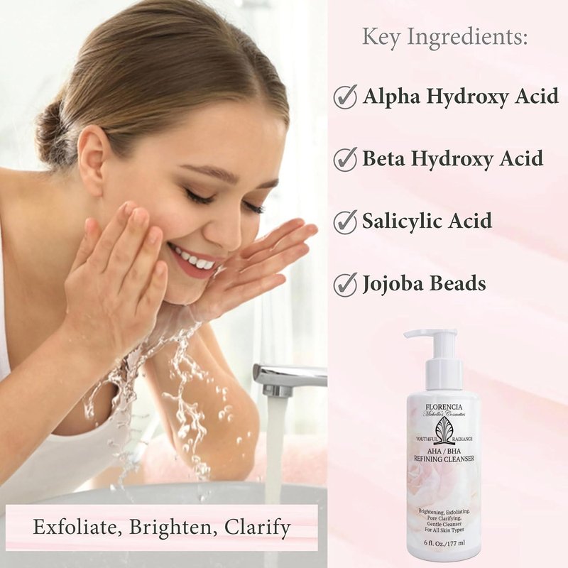 Florencia AHA BHA Refining Cleanser – Gentle Exfoliating Face Wash with Glycolic, Lactic & Salicylic Acid, Jojoba Beads, Foaming Cleanser for Pore Clarifying & Brightening Skin, 6 Fl Oz