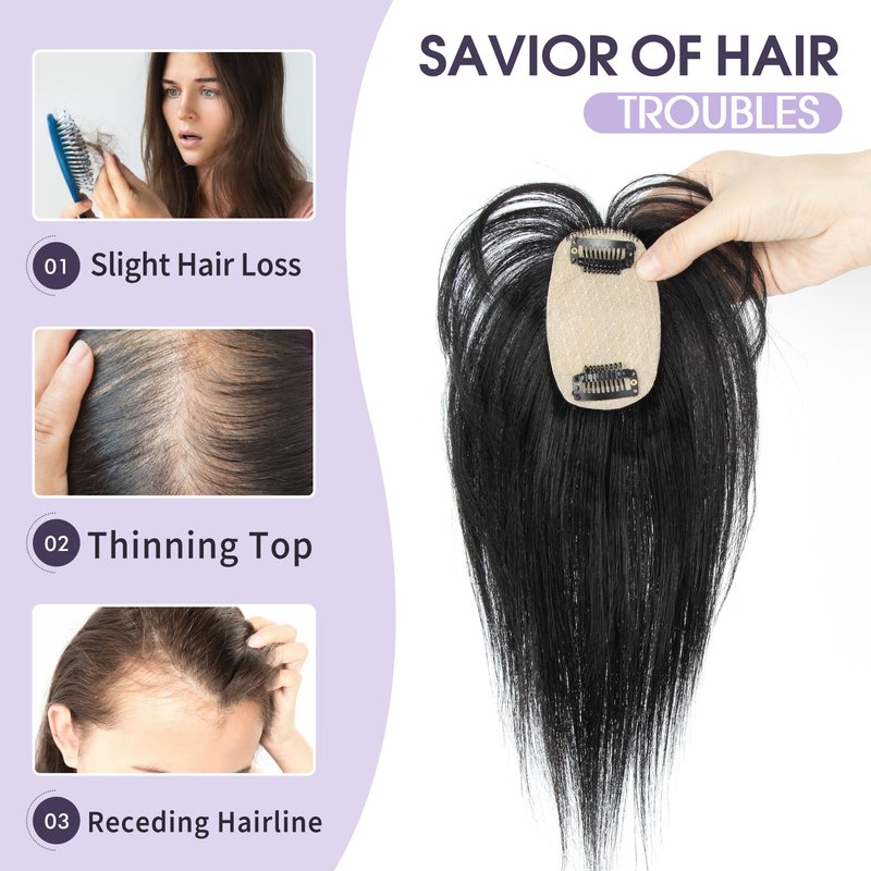 EonLuxe Real Human Hair Topper for Women with Thinning Hair 100% Real Remy Hair Topper for Women, Clip In Hairpiece for Thinning Hairpiece for White HairRoots Cover(8inch, Jet Black)