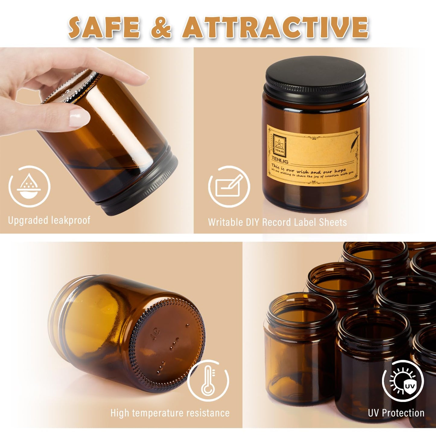 TENLIG 8 oz Glass Jars with Lids,Amber,6 Pack Empty Cosmetic Containers with Inner lids and Inner Liners,Black Metal Lid,Refillable Round Airtight Jars,Use to store Lotion,Powders,Candle Making