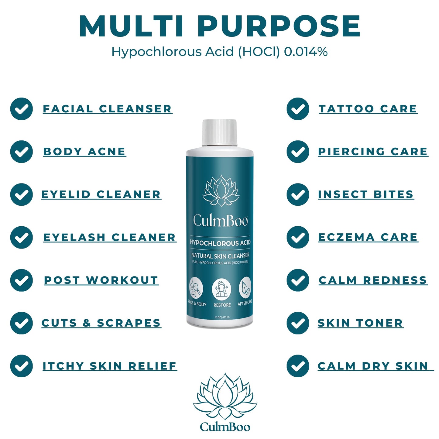 CulmBoo, Hypochlorous Acid Spray for Face & Skin - HOCl, Acne Prone Skin, Eczema, Natural Tattoo Aftercare, Piercing Aftercare Spray, Eye Lash Cleanser, Face Mist Toner, Wound Care Cleanser, 16 Fl Oz
