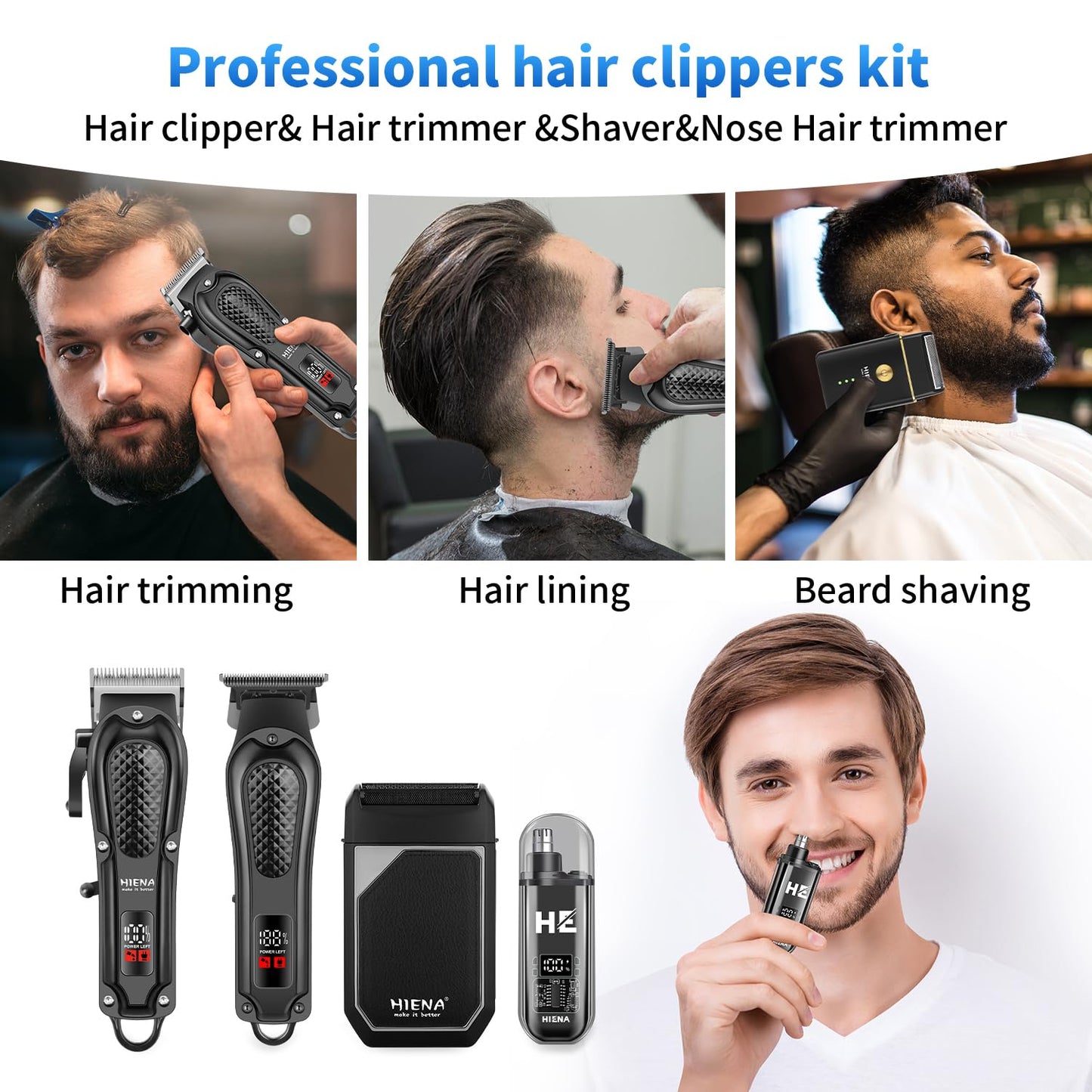 HIENA PRO Professional Hair Clipper Set for Men, Cordless Barber Clippers Set and Trimmer Kit, USB Rechargeable Electric Nose Hair Trimmer Kit & Beard Trimmer, Foil Shaver & Men's Facial Grooming Tool