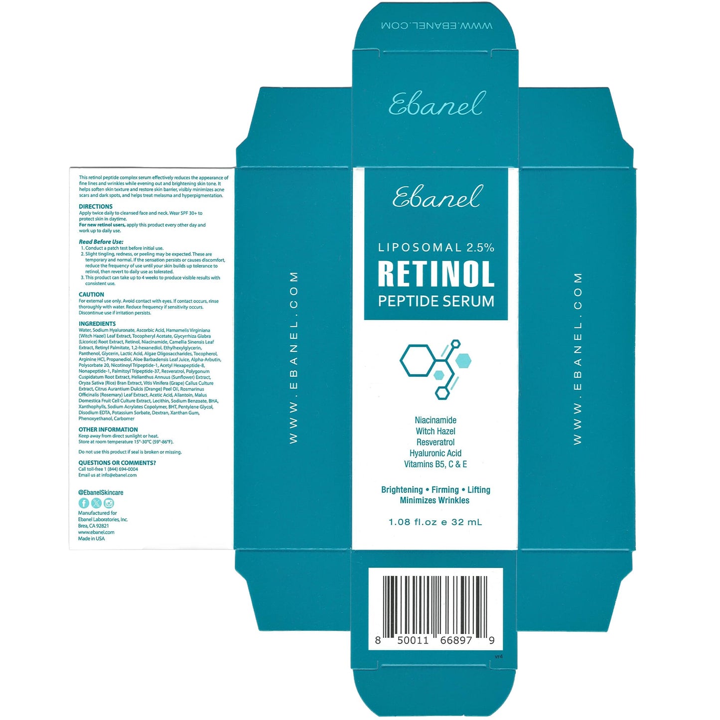 Ebanel Retinol Serum for Face with Vitamin C, Peptides & Hyaluronic Acid