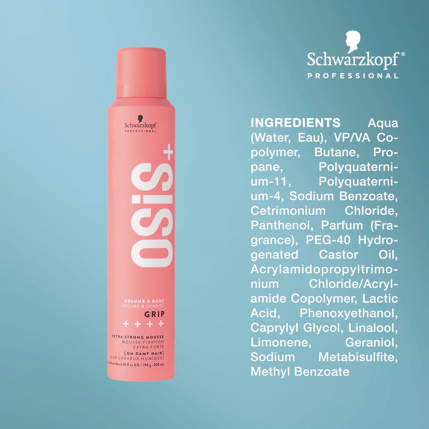 OSiS+ Grip Extreme Hold Mousse – Extra Strong Control and Volume with Lasting Definition and Natural Shine – Volumizing, Vegan Formula with Heat Protection, 6.76 oz