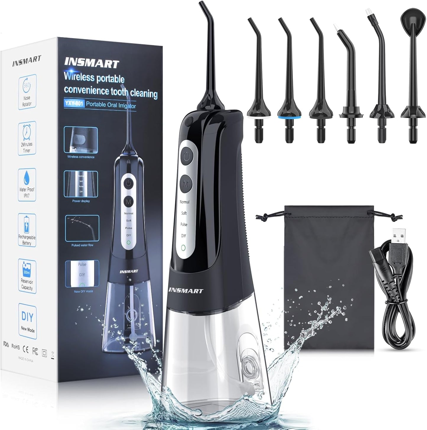 **Cordless Water Dental Flosser - Professional USB Rechargeable Oral Irrigator | 300ML Tank, 6 Modes, IPX7 Waterproof**
