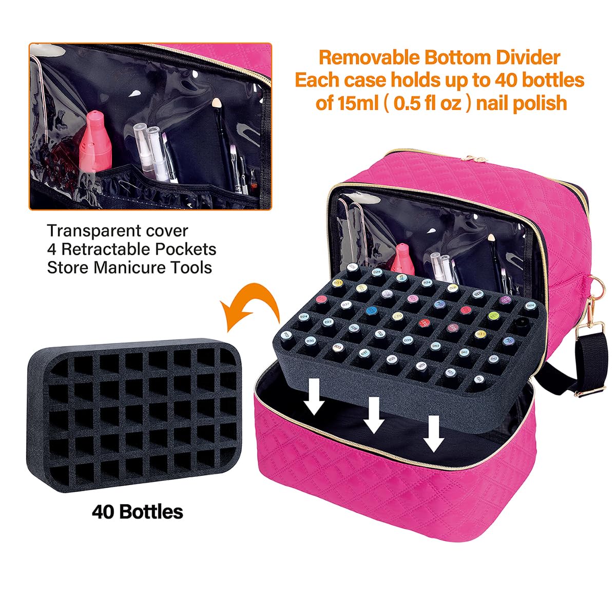 UOZL Nail Polish Organizer Case Holds 40 Bottles(15ml/0.5fl.oz) and Nail Lamp, Double Layer Nail Polish Storage with Adjustable Dividers,Portable Carrying Bag for Nail Kit, Manicure Tools Rose Red