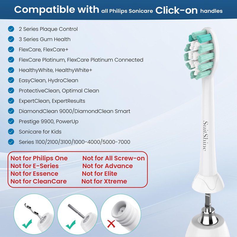 SuitShine Replacement Toothbrush Heads Compatible with Philips Sonicare and More Click-on Handles 8 Pack Blackwhite